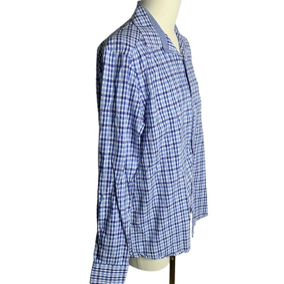 Johnston Murphy Button Up Checkered Shirt L Blue Long Sleeve Pocket Cotton - Picture 5 of 6